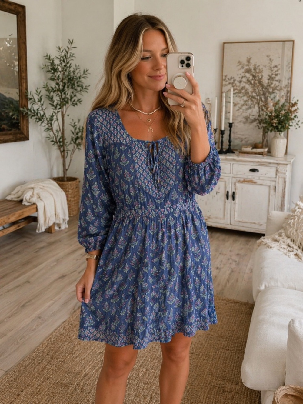 Indigo Blue Floral Print Boho Dress